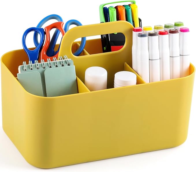 Multiuse Caddy Organizer with Handle, Portable Divided Plastic Tote Bin - Art Craft, Stationary Pen Marker Crayon, Makeup Hair Supplies Storage - Bathroom, Classroom, Dorm, Office, Desk Holder -Yellow