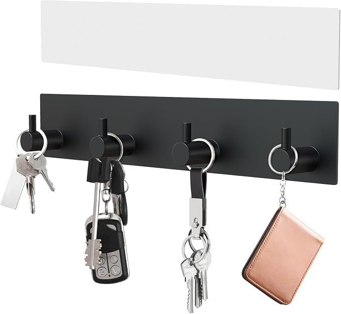 VIS'V Key Holder Wall Mount, Large Adhesive Key Hanger with 4 Hooks, Black | Metal Material, No Drilling, Extra Adhesive Strip, Suitable for Entryway, Hallway, Doorway, Kitchen, Garage, Camper