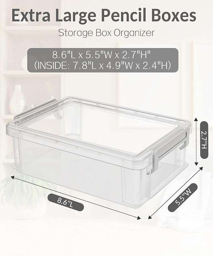 Sooez 6 Pack Extra Large Pencil Box, Plastic Pencil Case Crayon Box | Clear Marker Organizer Plastic Containers with Lid, Stackable Storage Boxes for Art Craft,Back to School Supplies, Multi