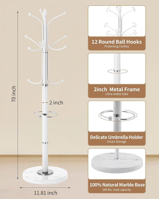 Modern Coat Rack Stand, Metal Freestanding Coat Rack with Natural Marble Base, Heavy-Duty Coat Racks with Umbrella Holder,White Coat Hanger Stand with 12 Hooks for Office, Entryway, Hallway
