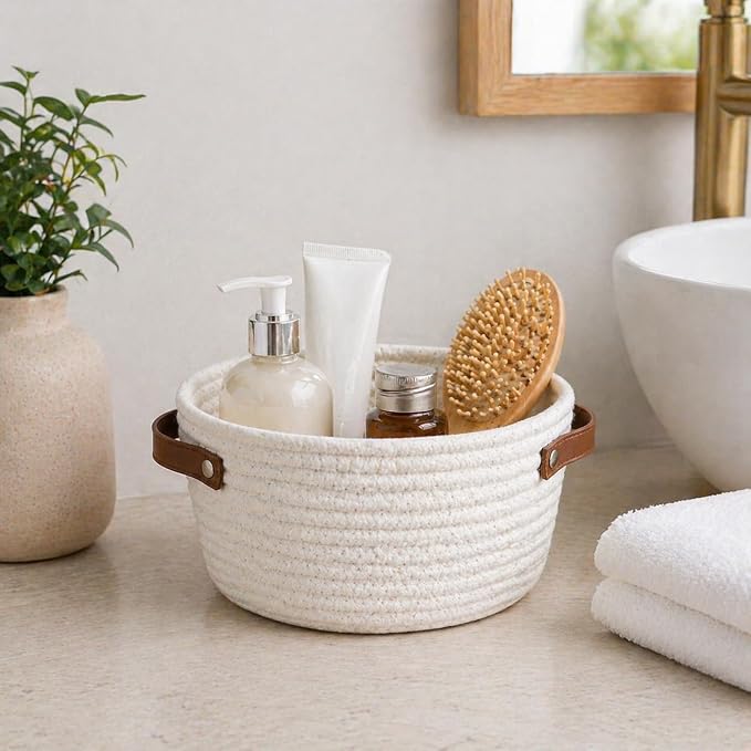 Small Woven Cotton Rope Basket with Leather Handle | Cute Mini Round Storage Basket, Empty Gift Basket, Nursery Toy Organizer, Decorative Shelf Bin, Boho Room Decor