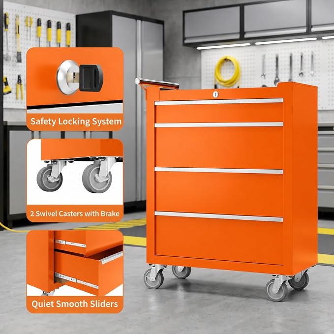 Garvee Rolling Tool Chest, 4 Drawers Tool Storage Cabinet, Toolbox with Wheels, Portable Tool Cabinet Organizer with Locking System & Drawer Liners, Tool Storage Cart for Garage, Workshop, Orange