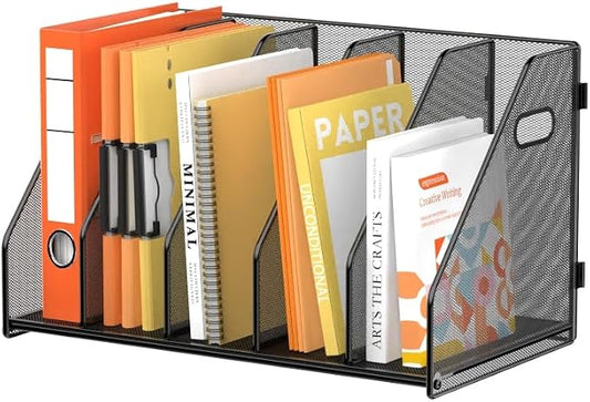 SUPEASY Binder Organizer, Magazine File Holder with 5 Vertical Rack, Black | Metal Desk File Organizer & Binder Holders, Magazine Organizers for Office Desktop, Home, School, Classroom