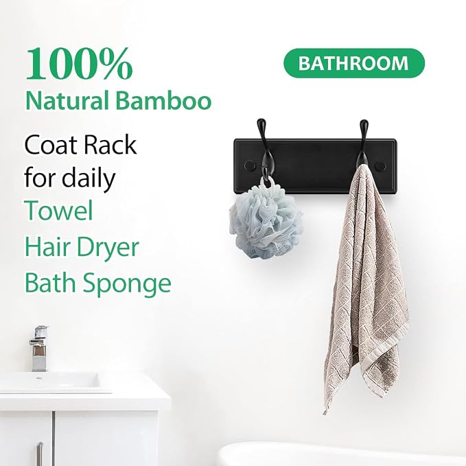 Badiano Wooden Coat Rack, Wall-Mounted Organizer for Closet, Entryway, Hallway, Foyer, Bedroom, Heavy Duty Double Hooks for Hanging Towels, Bags, Hats, Jackets, Key (Black, 2 Hooks)