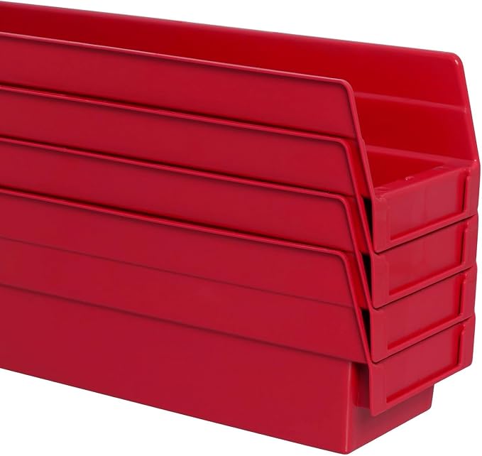 Akro-Mils 30120 Heavy Duty Plastic Shelf Bins, 12"x 4"x 4", Red, 24-Pack