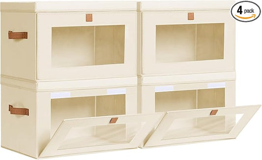 Homsorout Collapsible Storage Bins - Large Closet Organizer with Handles & Window, Decorative Storage Boxes, Fabric Containers for Living Room, Dorm, 4 Pack, Beige