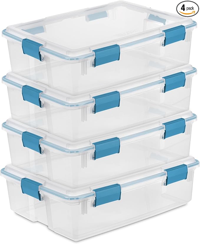 Sterilite Gasket Storage Box with Lids for Home & Office, 37 Quart, 4-Pack | Heavy-Duty, Stackable, and Organizing Containers for Bathroom, Cabinet, Closet, and Garage, Clear and Blue Aquarium Latches