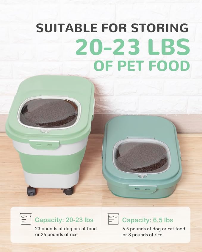 20-23Lbs Dog Food Storage Container Airtight,Collapsible Dog Food Container | Pet Food Storage with Double Airtight Seal & Magnetic Lid,Cat Food Container with Wheels for Easy Moving,Small Jar,Scoop