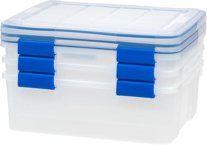 IRIS USA 3-Pack 26.5 Qt Storage Bins with Gasket Lids, Clear/Blue | WeatherPro seal protects everyday essentials in closets, offices and laundry rooms