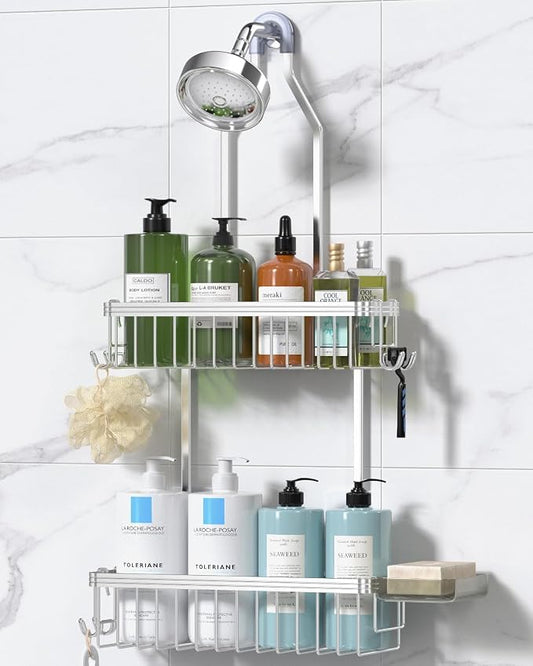 YASONIC Never Rust Shower Caddy Hanging, Aluminum Shower Racks for Inside Shower, 2-Tier Shower Organizer Hanging Over Shower Head with Hooks and Soap Holder, Silver