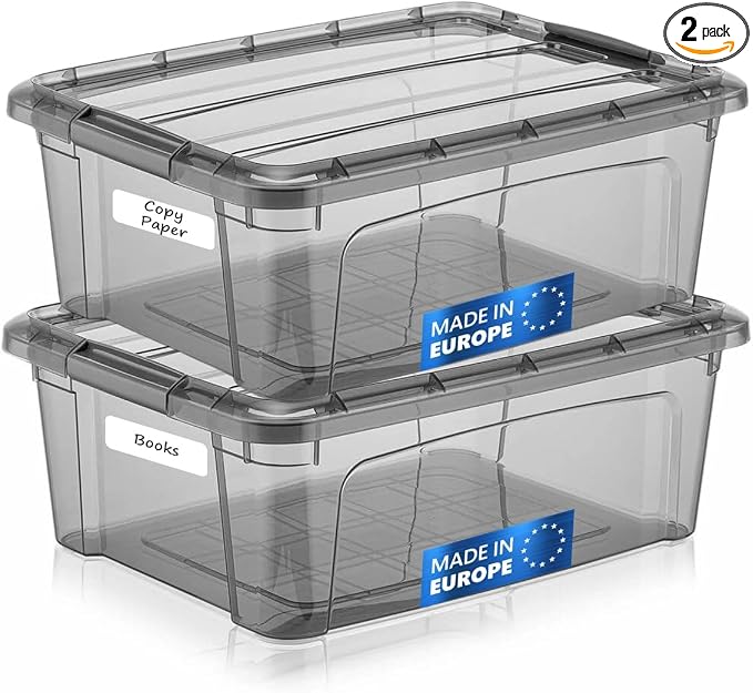 Tribello 12.5 Quart Storage Bins with Lids, Plastic Storage Containers with Latching Lids For Organizing - Tinted - (15.5’ x 12” x 6”) - Set of 2 - Made in EU