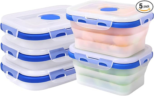 5 Pack Collapsible Translucent Silicone Food Storage Containers with Leak Resistant Lids, 12oz Small Snack Bento Box, For Kitchen, Office, Camping, Travel, BPA Free