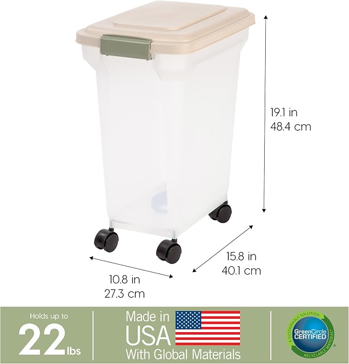 IRIS USA Dog Food Storage Container, Up to 22 lbs, Almond, Made in USA | Wheels for Mobility, Airtight Seal, BPA-Free, Best for Cat Food, Bird Seed, Chicken Feed, Pet Toys, Treats, Pellets