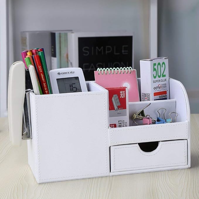 Desk Organizer Office Supplies Caddy Pu Leather Multi-function Storage Box Pen/Pencil,Cell phone, Business Name Cards Remote Control Holder with Small Drawer White