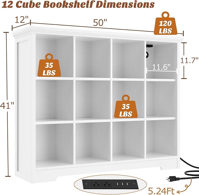 Aheaplus Wooden 12-Cube Storage Organizer with Charging Ports, Modern Cube Bookcase with Base, 4-Tier Floor Standing Open Cubbies Bookshelf, Cubicle Display Shelf for Home and Office, White