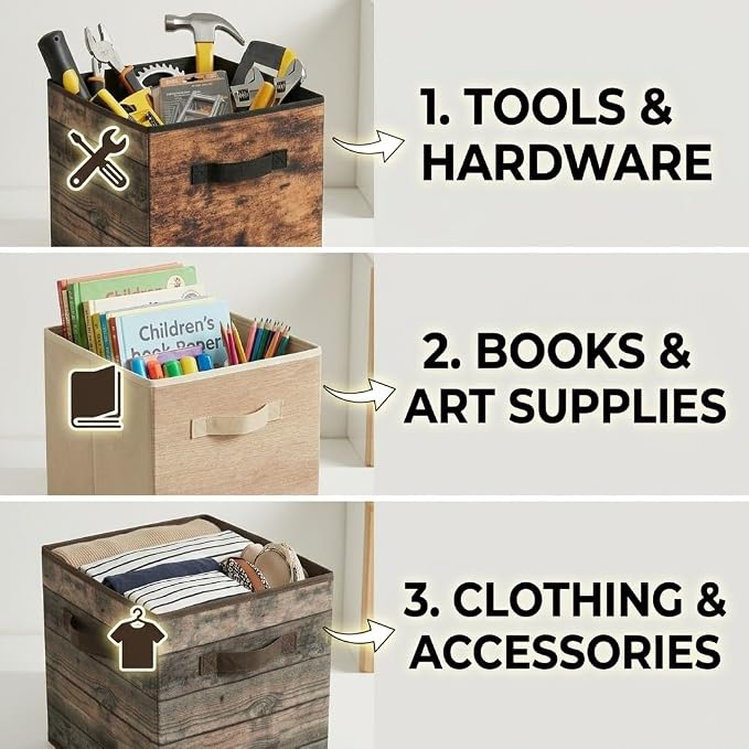 SUREMAX 11 Inch Storage Cubes 6 Pack, Wood Grain Collapsible Storage Bins with Bottom Support, Fabric Cube Storage Organizer for Closet Shelves and Bedroom, Square Box with Fabric Handles