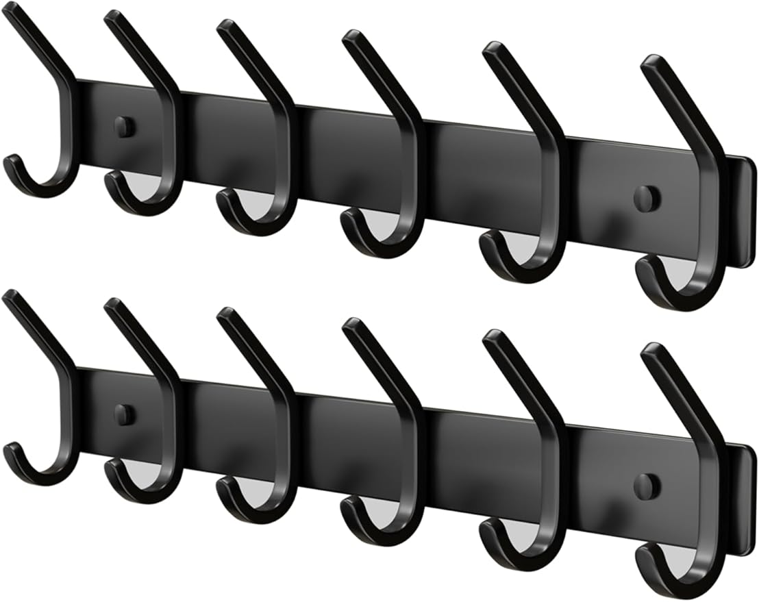 Coat Rack Wall Mount Hooks - 15 Inch Black Metal 6-Hook Rack(2 Pack) | Modern Kids Room, Entryway & Bathroom Hanger for Towels, Coats, Purses, Bags