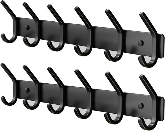Coat Rack Wall Mount Hooks - 15 Inch Black Metal 6-Hook Rack(2 Pack) | Modern Kids Room, Entryway & Bathroom Hanger for Towels, Coats, Purses, Bags