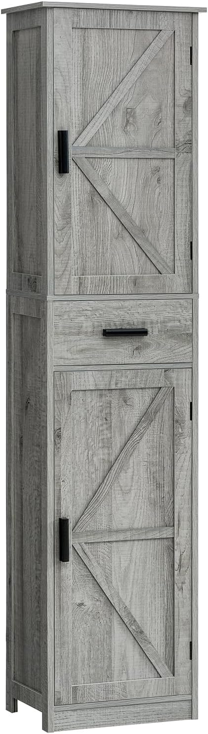 TEENFON Tall Bathroom Cabinet, Storage Cabinet with 6 Shelves & Drawer, Bathroom Storage Cabinet with Adjustable Shelves, Tall Cabinet for Living Room, Home Office, Grey