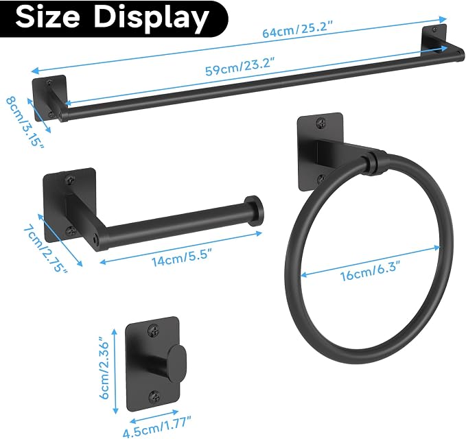 KLJKPA Black Bathroom Accessories Set, 4-Piece Bathroom Hardware Set | 24 inch Towel Bar, Towel Racks for Bathroom, Robe Towel Hooks, Toilet Paper Holder Wall Mounted