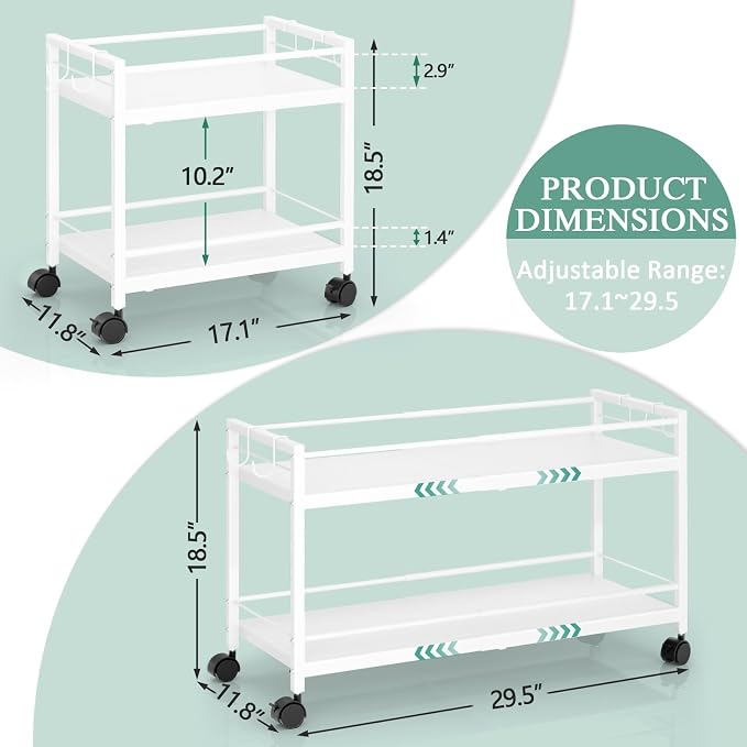 2-Tier Expandable Rolling Pantry Cart with Wheels, Adjustable Floor Organizer for Kitchen Pantry, Can Organizer for Pantry, Storage Cart for Snack, Food, Vegetables, White, Patent Pending