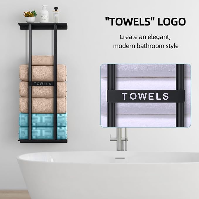 STWWO Towel Racks for Bathroom, Bathroom Towel Storage Wall Mounted 30 inch with Shelf Can Holds 6 Large Towels, Wall Towel Rack for Rolled Towels, Black