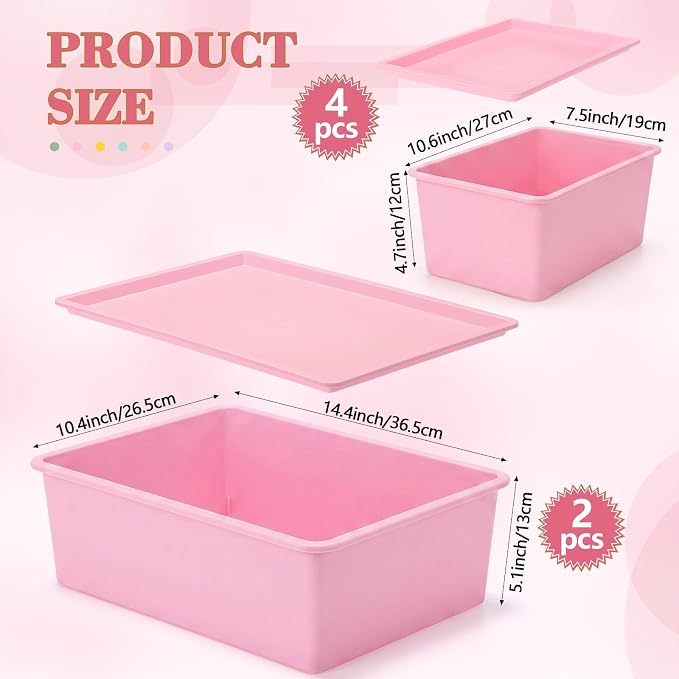 6 Pcs Large and Small Plastic Storage Bins with Lids 14.4 x 10.4 x 5.1 Inch Stackable Storage Containers Decorative Cubby Organizer for Clothes Shelves Garage Closet Office(Pink)