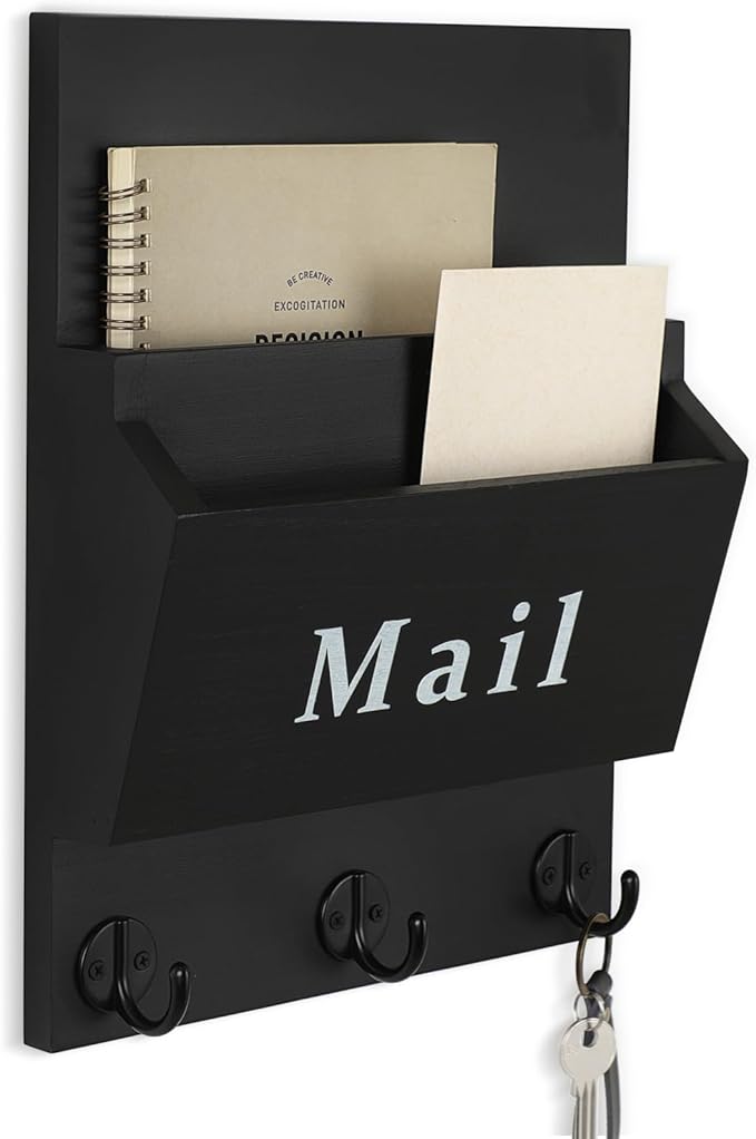 Mail and Key Holder, Wall Key Holder with 2 Mail Organizer Slot and 3 Hooks | Decorative 8.86" x 11.42" Mail Holder, Real Paulownia Wood with Keyhole Brackets, Hardware and Instructions