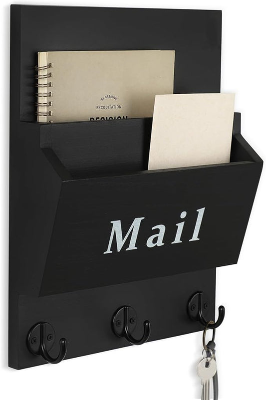 Mail and Key Holder, Wall Key Holder with 2 Mail Organizer Slot and 3 Hooks | Decorative 8.86" x 11.42" Mail Holder, Real Paulownia Wood with Keyhole Brackets, Hardware and Instructions
