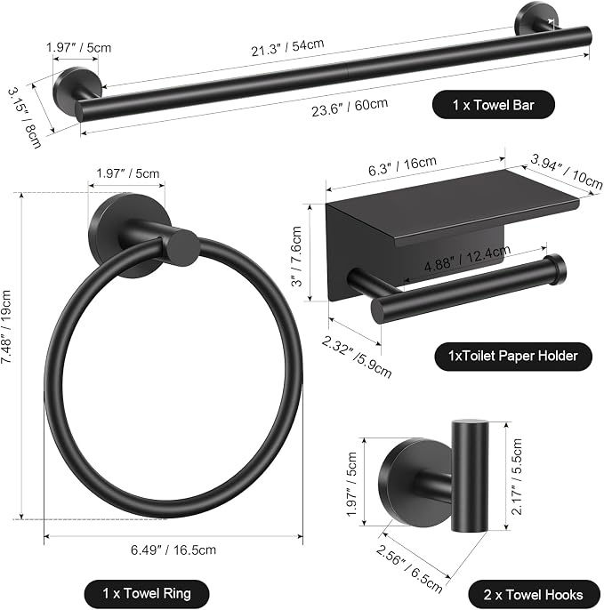 TURS Matte Black 5-Piece Bathroom Hardware Set Towel Bar Set SUS304 Stainless Steel Towel Racks for Bathroom Wall Mounted, 23.6-Inch