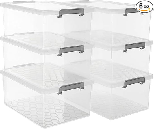 Citylife 33 Qt Ultra-Thick (3.82mm) Clear Plastic Storage Bins with Lids, 6-Pack Stackable Straight-Wall Closet Organizers with Honeycomb Base & Pinch-Free Latches for Garage, Clothes & Holiday Decor