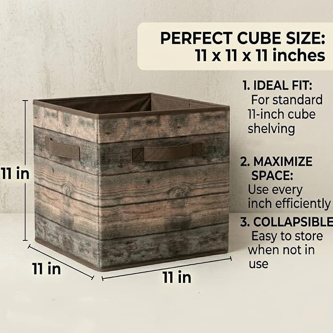 SUREMAX 11 Inch Storage Cubes 6 Pack, Wood Grain Collapsible Storage Bins with Bottom Support, Fabric Cube Storage Organizer for Closet Shelves and Bedroom, Square Box with Fabric Handles