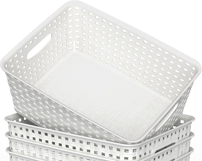 WYT Woven Plastic Storage Baskets, 6 Pack White Weave Bins Organizer, 10.1" x 7.55" x 4.1"