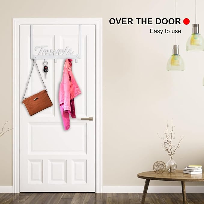 Azmoncy Over The Door Hooks, Heavy Duty Towel Rack with 7 Coat Hooks for Bedroom Bathroom Pool Kitchen Towels and Bags (White)