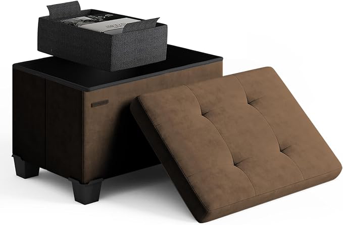 Storage Ottoman Cube with Small Bin, 16-in Square Ottoman with Storage for Living Room and Bedroom, Small Ottomans Foot Rest, Velvet Foot Stools Ottomans Max 330lbs, Brown