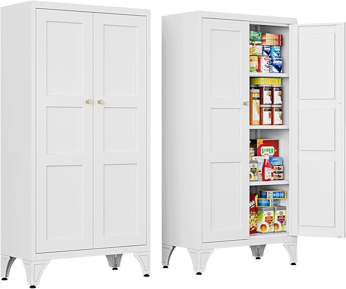 Letaya Metal Storage Cabinet with Doors and Shelves,47.3" H Bathroom Floor Kitchen Pantry Utility Cupboard Dining Home Office/Garage Organizers,White