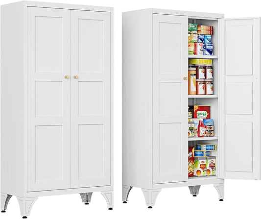 Letaya Metal Storage Cabinet with Doors and Shelves,47.3" H Bathroom Floor Kitchen Pantry Utility Cupboard Dining Home Office/Garage Organizers,White
