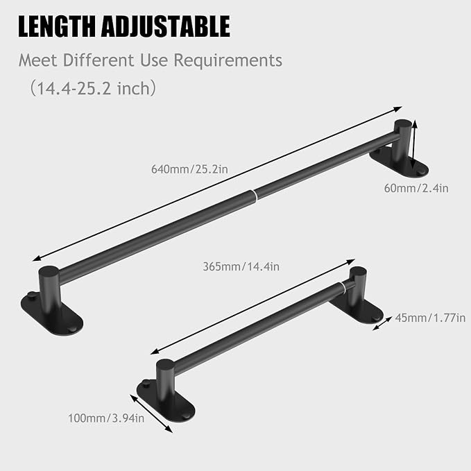 Towel Bar, Adjustable 14.4inch - 25.2inch Towel Rack, Self Adhesive & Wall Mounted for Bathroom Kitchen Hand Towel Holder Cloths Hanger 304 Stainless Steel Single Bar (3, Matte Black)
