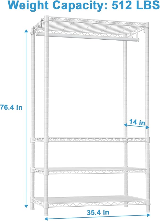 Ulif H4 Portable Closets, 4-Tier Metal Clothes Garment Rack for Bedroom and Cloakroom, Clothing Closet Storage and Organizer Wardrobe, 35.4" W x 14" D x 76.4" H, White | Freestanding Clothing Closet Storage and Organizer Wardrobe for Apartment and Cloa...