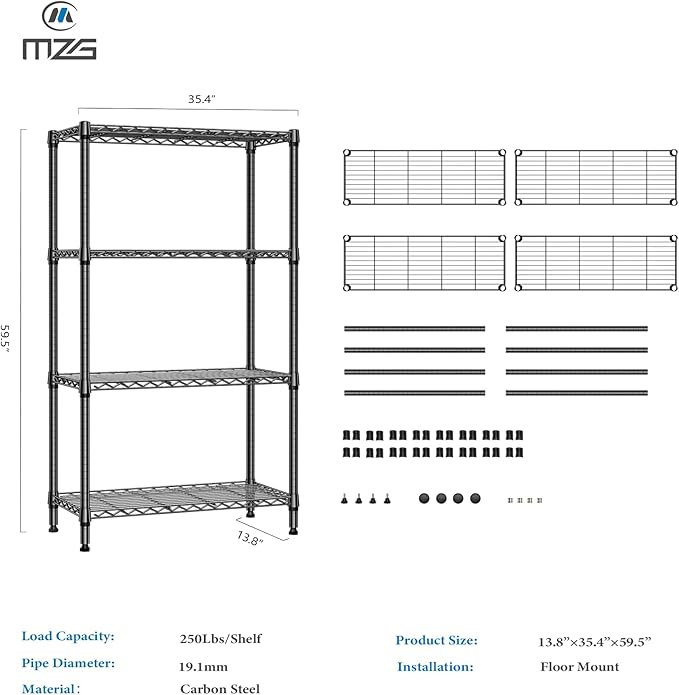 M MZG 1000 lbs 4 Tier Shelf Metal Storage Shelves Shelving Wire Rack Heavy Duty Closet Organizers for Garage Kitchen Bathroom Laundry Black 13.8" D x 35.4" W x 59.5" H