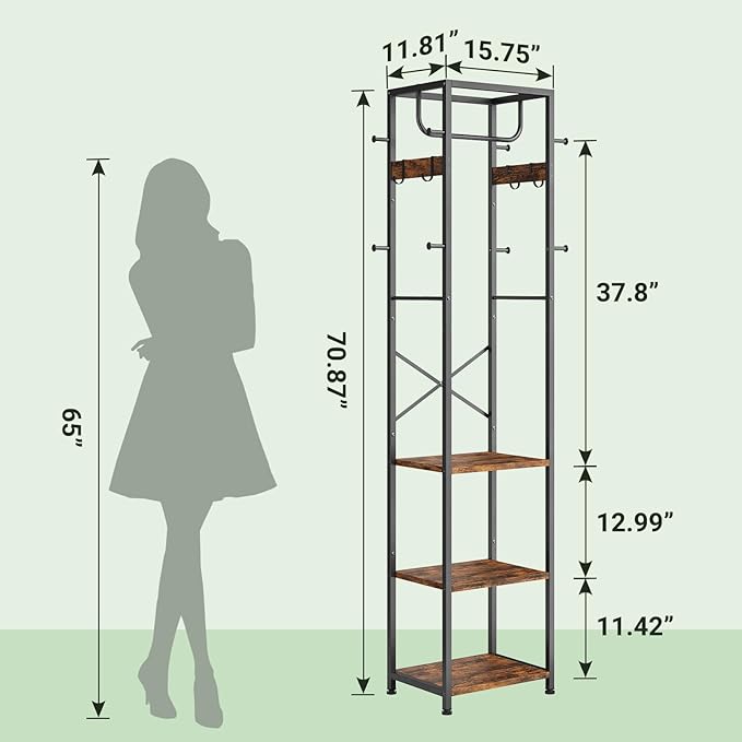 Coat Rack Freestanding, Hall Tree with 3 Shelves and 12 Hooks, Rustic Brown | Industrial Metal Frame, Space-Saving Design, Clothes Rack Stand Organizer for Bedroom, Hallway, Entryway, Office, Living Room