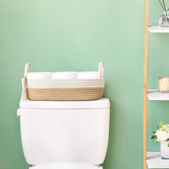 Mkono Toilet Paper Basket, Boho Bathroom Decor, Small Storage Organizer | Brown and White, 15.7"L x 6"W, Back of Toilet Basket, Decorative Woven Tray with Handles, Space-Saving, Living Room Bedroom