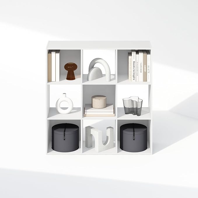 Furinno PELLI Book Shelf, 9-Cube Bookshelf, 3x3 Cube Storage Organizer Bookcase, 11.7 x 35.3 x 35.4, for Living Room, Bedroom, Home Office, White