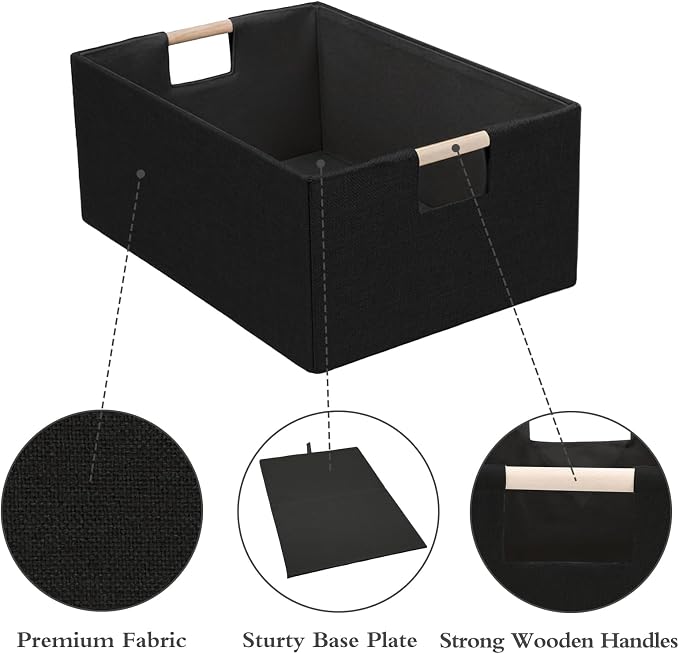 Foldable Fabric Storage Cubes, Cloth Storage Baskets with Wooden Handles, Shelf Closet Organizer Bins, Rectangular Linen Storage Boxes for Decor, 16.5 x 12.2 x 6.7 Inches