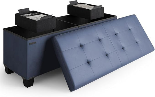 Storage Ottoman Bench with Bins, 43-in Storage Bench for Bedroom End of Bed, Folding Foot Rest Ottoman for Living Room Max 660lbs, Leather Ottomans, Blue