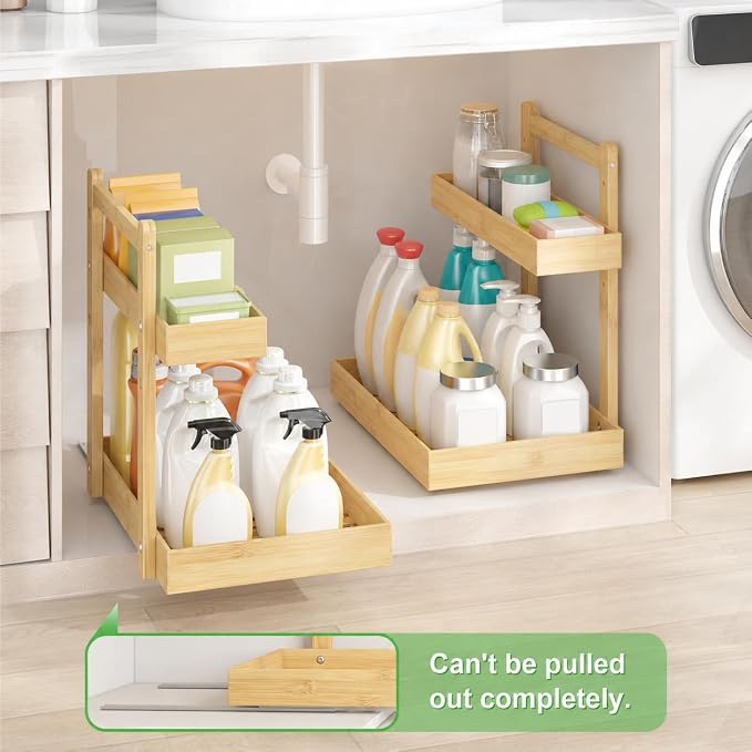 Bamboo Under Sink Organizer, 2-Tier Pull Out Cabinet Organizer | Kitchen Sink Organizer | Bathroom Cabinet Organizer | Cleaning Supply Storage | L-Shape | 3-Level Adjustable | Natural Bamboo