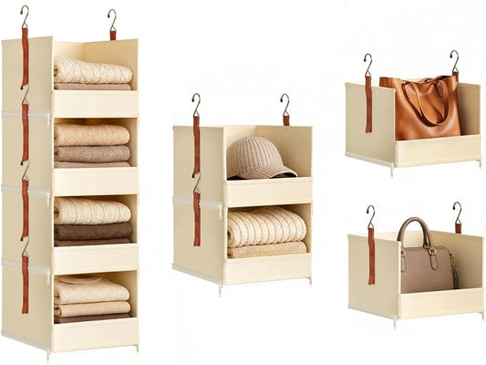 DIMJ Hanging Closet Organizer - 4-Tier Modular Hanging Shelves with Zippers Hooks, Collapsible Baskets for RV, Dorm, Small Spaces, Fabric Storage Bins for Clothes, Handbags