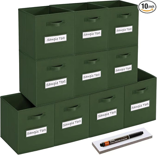 13x13x13 storage cube bins (Set of 10) Fabric storage cubes with 10 Labels Window Cards & a Pen, storage cubes 13x13, Collapsible 13 inch cube storage bins, Cubby Organizer Boxes, Dark Green