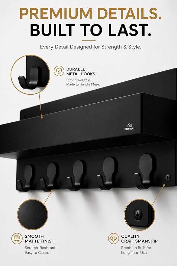 Modern Large Wall Mounted Key Holder with Deep Shelf, Entryway Organizer with 5 Heavy Duty Hooks, Metal Key Rack for Wall, Mail Holder & Dog Leash Hanger, Black