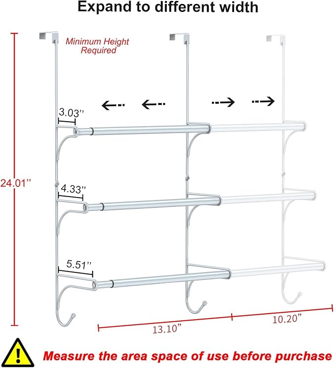 Auledio Adjustable Over The Door Triple Towel Rack with Hooks,Silver